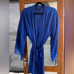 Victoria’s Secret Short Jacquard Satin Robe Cobalt Blue With Lace Trim Size M/L